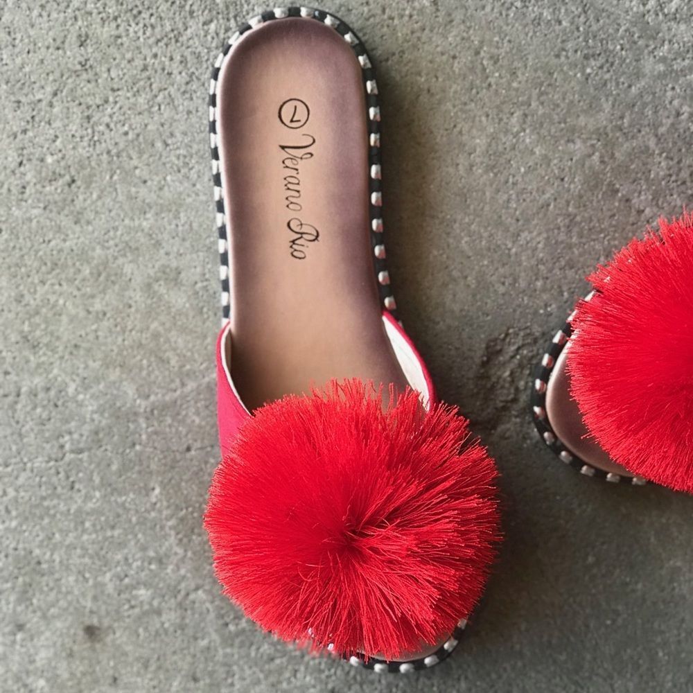 Party People! Summer Rio Red Pom Pom Poof Mule Padded Slide Sandals - Picture 6 of 9